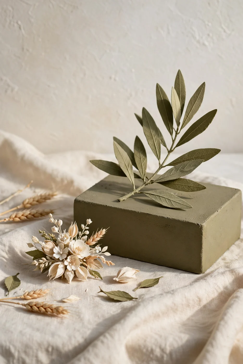 A botanical paper study on an olive plinth